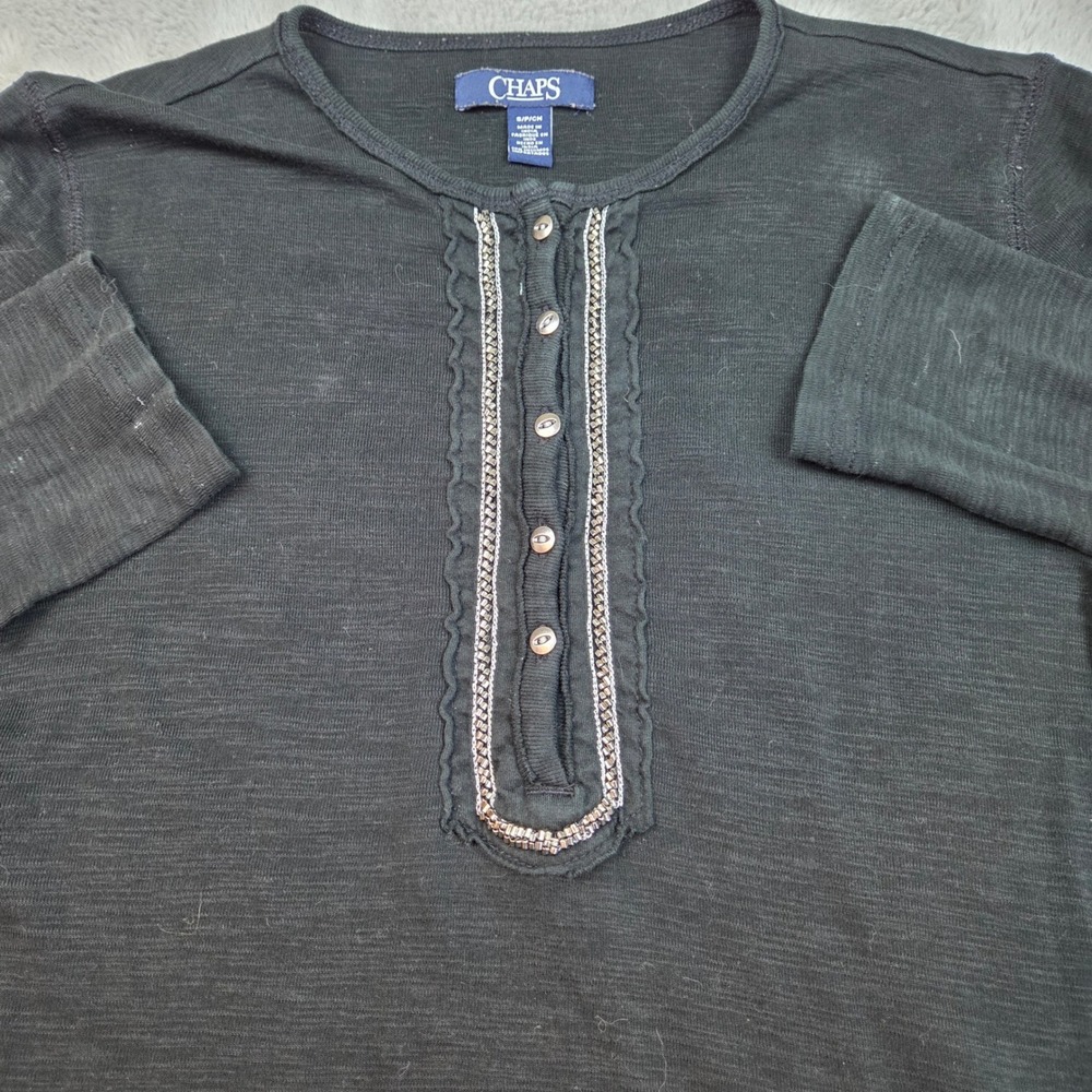 Chaps Beaded Ruffle Placket Henley Top Womens Small Black Long Sleeve Cotton